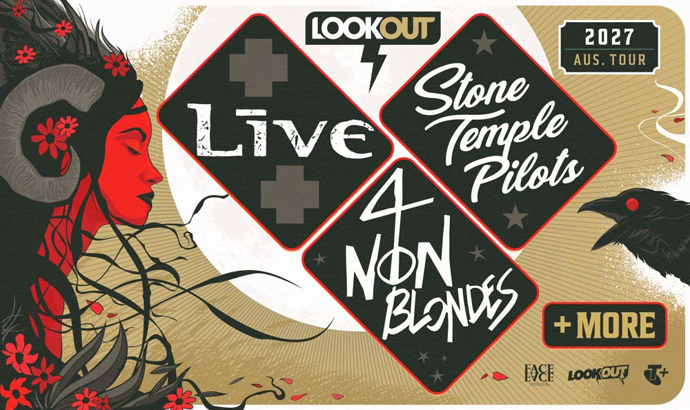 Lookout Festival 2027 Australian tour poster featuring Live, Stone Temple Pilots, and 4 Non Blondes with red graphic artwork.
